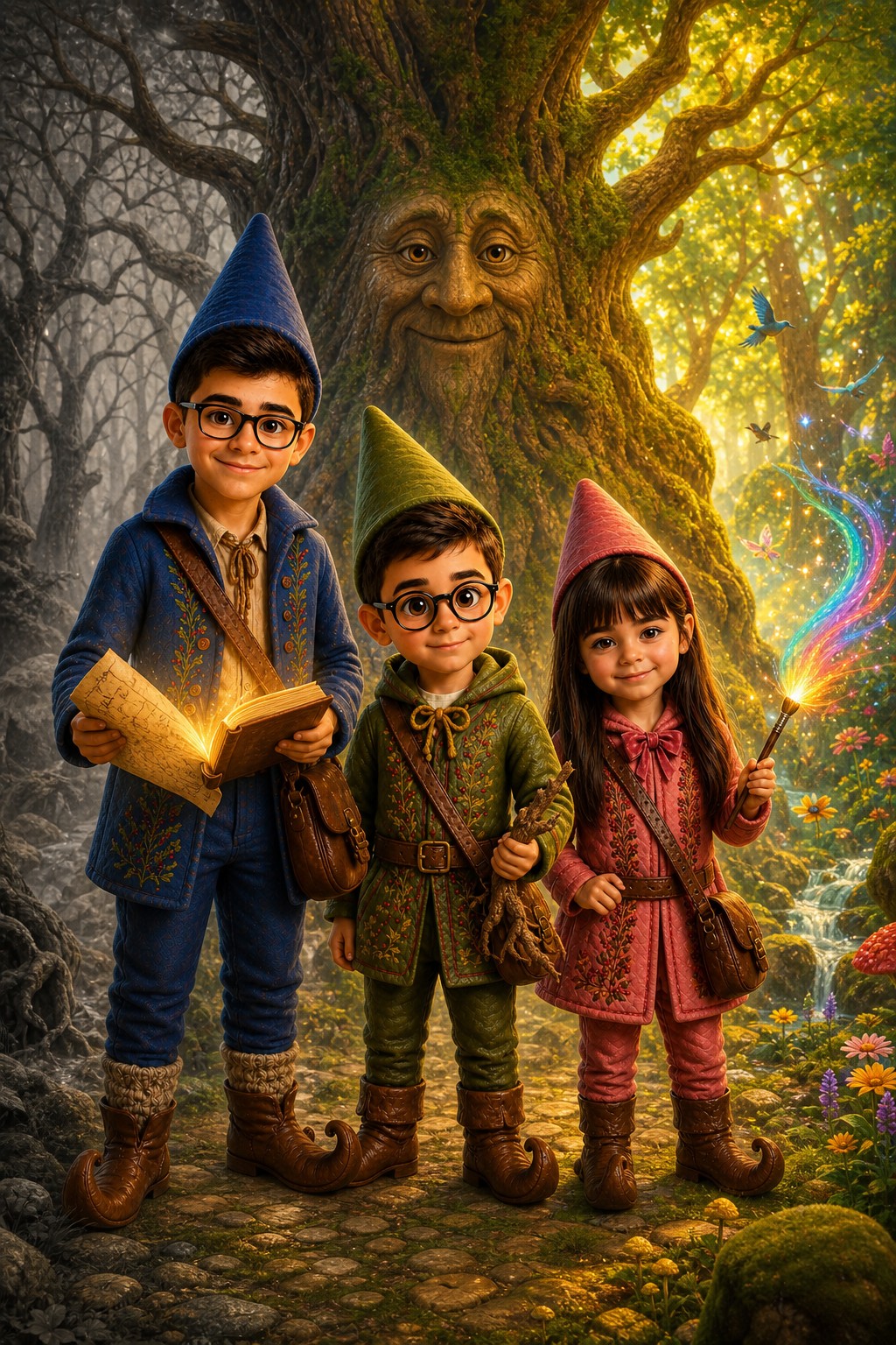 Tres personagens infantis da Aldeia dos Gnomos numa floresta encantada