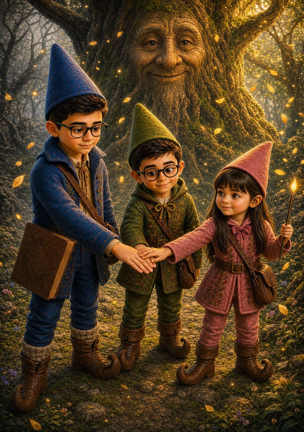 Afonso, Rodrigo e Matilde, os gnomos da Aldeia, na floresta encantada
